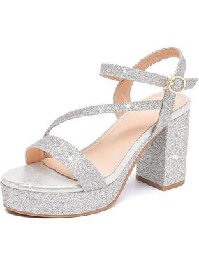 Women's Silver Platform Heels High Block Chunky Heel Open Toe Ankle Strap Shiny